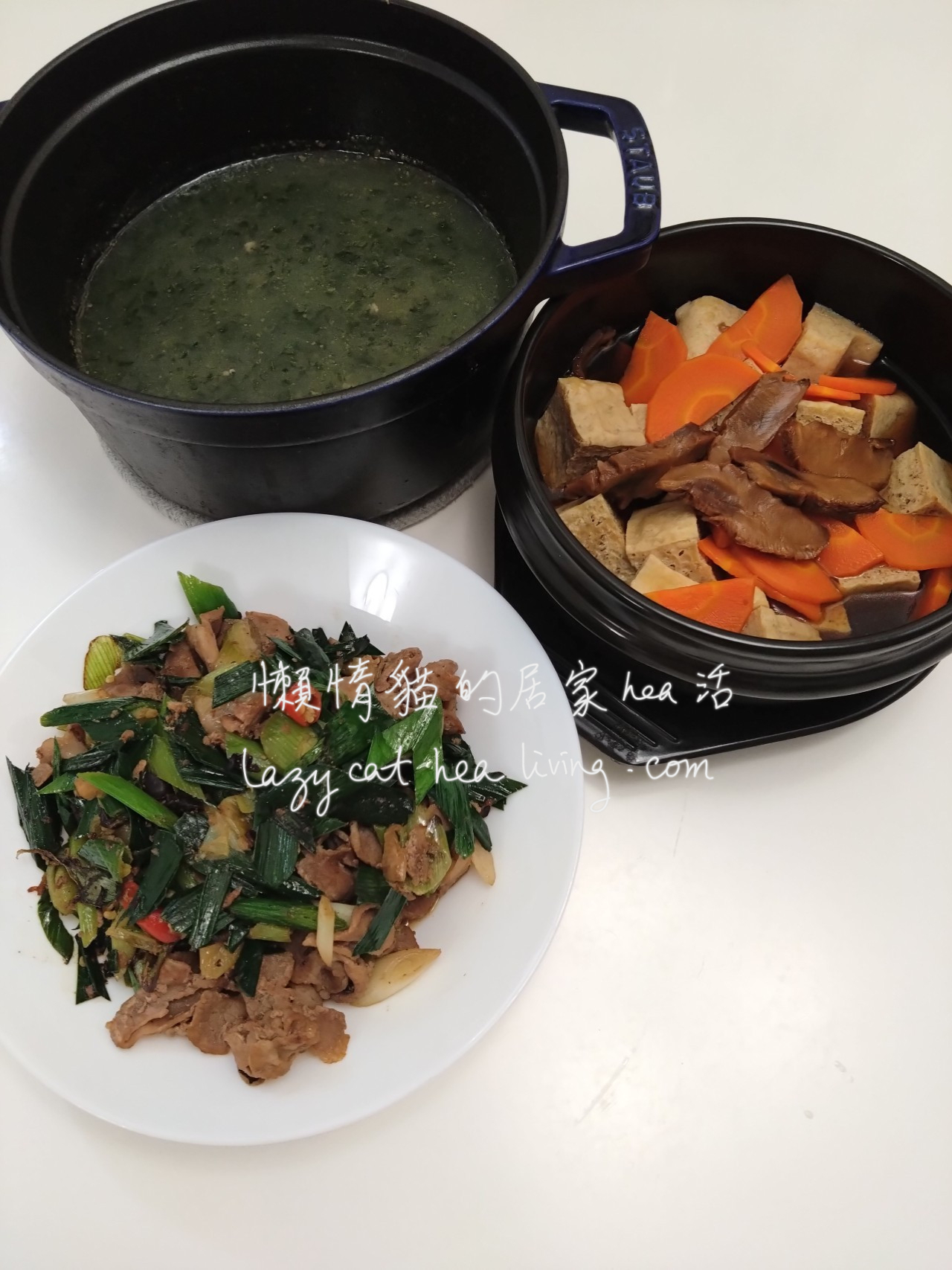 30分鐘兩菜一湯03 成品 豆豉蒜苗炒豬肉+ 冬菇蠔油冰豆腐+菠菜牛肉羹